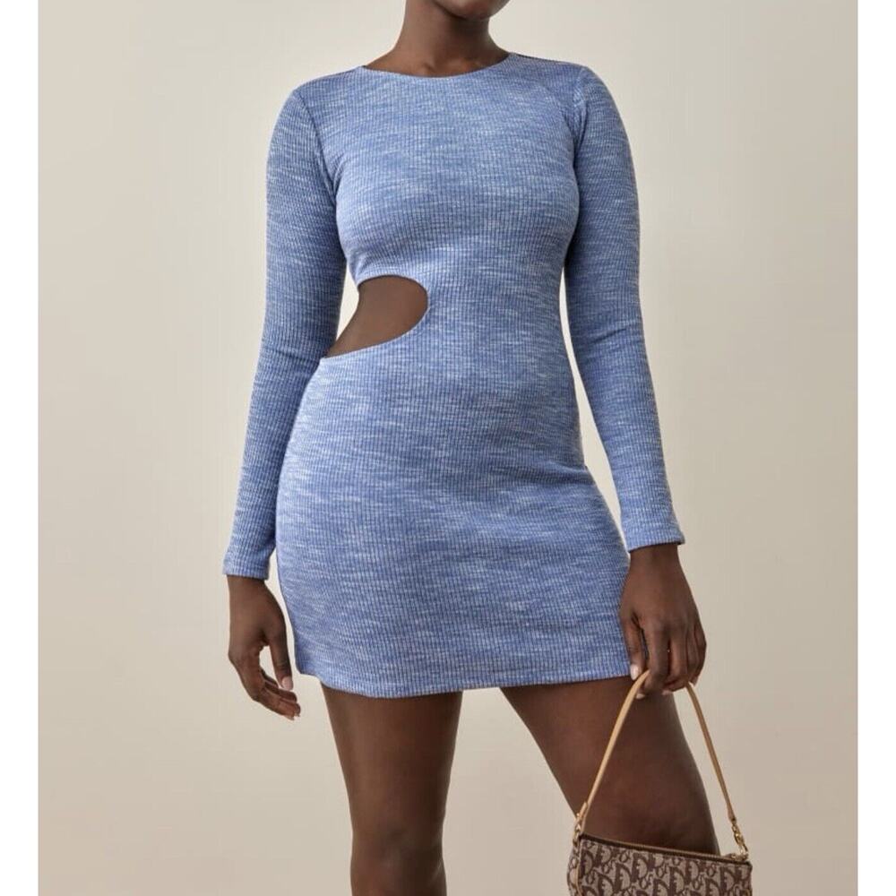 NWT Reformation Womens Tracey‎ Dress Large Cutout Ribbed Knit Bodycon Deep Sky